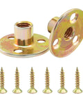 Built Like A Tank And No Sweat To Install These Galvanized Carbon Steel Heavy Duty Brad Hole Tee Nuts Pack Of 16 Coming With 48 Mounting Screws 3/8 Inch 16 Thread For Shop Jobs with two tee nuts and six screws.