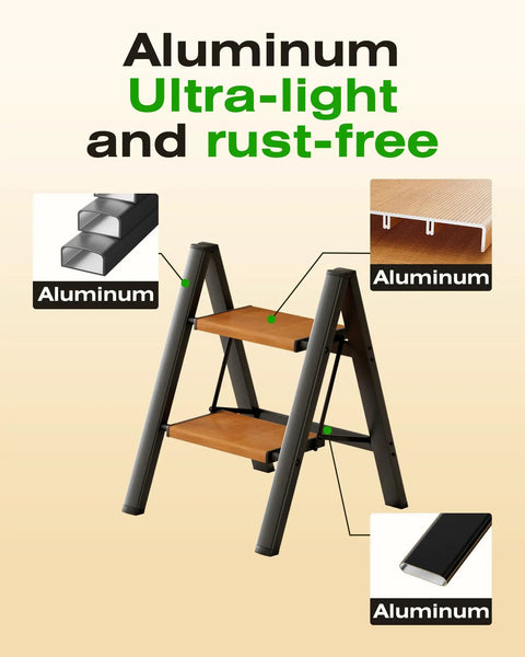 Two Step Foldable Aluminum Stool With Slim Black Woodgrain Finish For Indoor Tasks Handy Lightweight Workhorse For Tight Closets And Behind Furniture Easy Compact Storage, aluminum frame and woodgrain steps