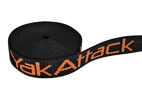 Roll of black cam strap with 'YakAttack' text, part of Beefy 15 Foot Cam Strap 1 Inch Wide 2 Pack For Kayak And Canoe Roof Rack Securement