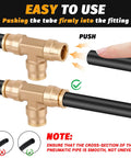 Pro Grade One Quarter Inch Tee Union Push To Connect Brass Air Brake Line Fittings Four Pack DOT Approved Quick Push To Connect Connectors For Trucks Trailers And Industrial Workshops with tube installation instructions.