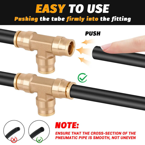 Pro Grade One Quarter Inch Tee Union Push To Connect Brass Air Brake Line Fittings Four Pack DOT Approved Quick Push To Connect Connectors For Trucks Trailers And Industrial Workshops with tube installation instructions.