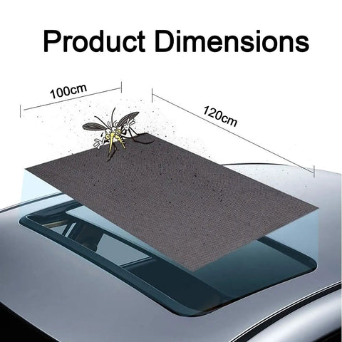 Product dimensions of Magnetic Sunroof Sunshade Mesh For Tesla Cybertruck 2023 To 2026 with mosquito illustration.