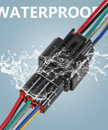 Six Pin Waterproof Electrical Connector Kit 16 AWG Quick Disconnect M F Plugs 3.4 Inch Socket in water splash