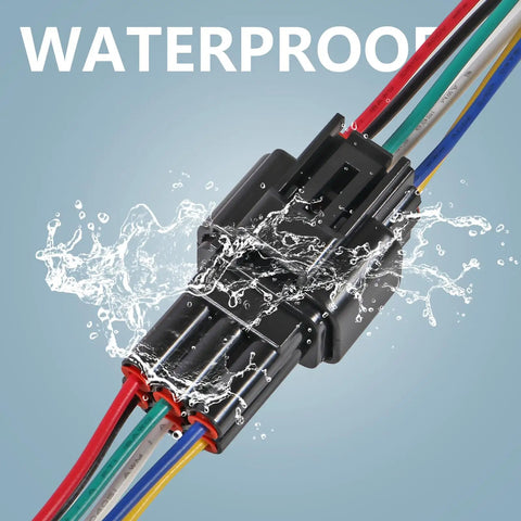 Six Pin Waterproof Electrical Connector Kit 16 AWG Quick Disconnect M F Plugs 3.4 Inch Socket in water splash