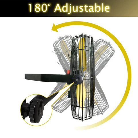180 degree rotating view of 24 Inch Heavy Duty Industrial Wall Mounted Fan With TEAO Enclosed Motor, safety yellow blades.
