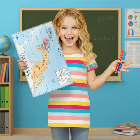 Child holding 11x17 Laminated Dry Erase Central America And Mexico Map, Double Sided With Color Front And Blank Outline Back in classroom