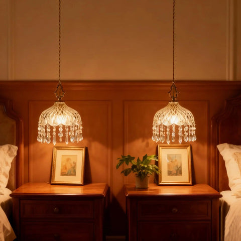 Top Shelf Vintage Crystal Pendant Light With Dope Diamond Cut Glass Shade And Legit Brass Accents Adjustable 0.5 To 70 Inch Cord hanging above nightstands in a cozy bedroom setting.