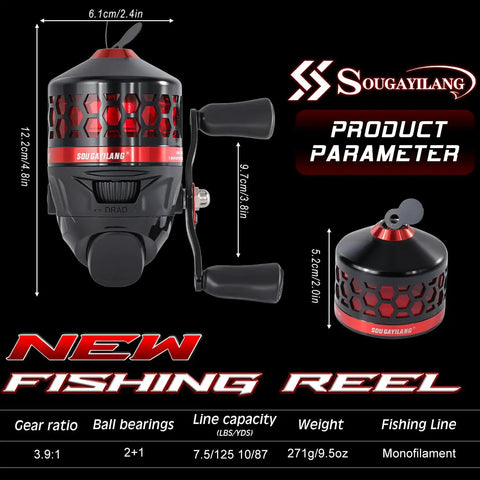 Spincast Fishing Reel With Dial Adjustable Drag And Push Button Casting Pre Spooled Line Kid Friendly Low Profile Design For Easy Handling And Smooth Reeling On Freshwater Adventures, black and red color with measurements shown.