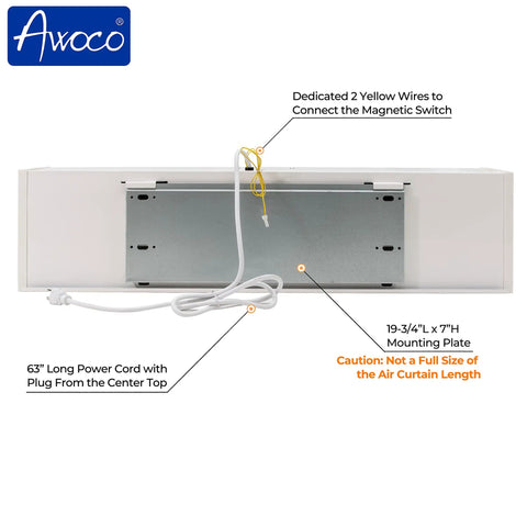 Back view of 36 Inch Slim Indoor Air Curtain FM-1209T with mounting plate, power cord, and magnetic switch wires visible.