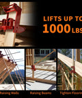 Heavy-Duty red cast-iron wall jack installed on a wooden beam for lifting wall beams; 1000 lb capacity
