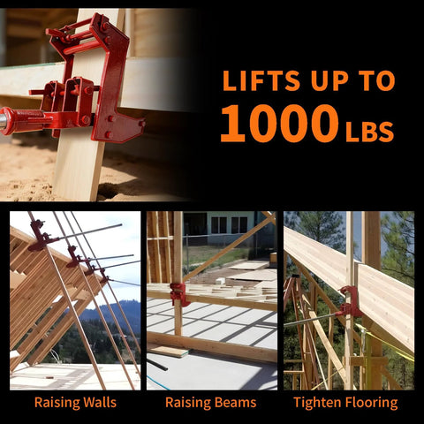 Heavy-Duty red cast-iron wall jack installed on a wooden beam for lifting wall beams; 1000 lb capacity