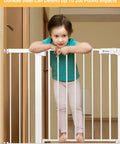Child leaning on Auto Close Safety Baby Gate For Stairs And Doorways, Extra Tall And Wide, Walk Through Design, White