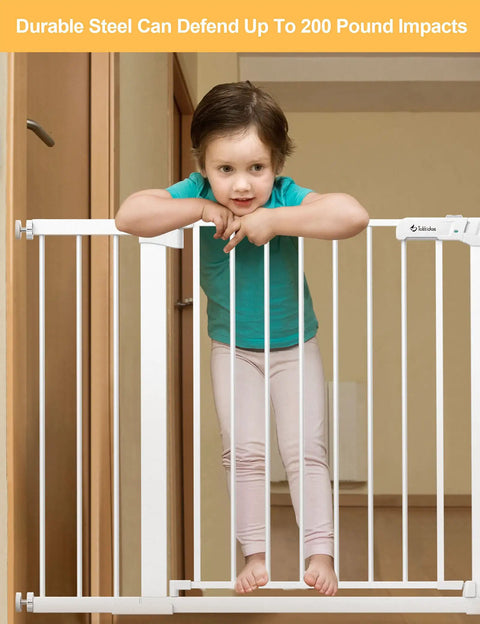 Child leaning on Auto Close Safety Baby Gate For Stairs And Doorways, Extra Tall And Wide, Walk Through Design, White