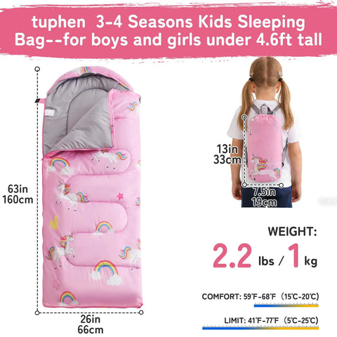 Kids Sleeping Bag For 3 4 Seasons With Compression Sack Lightweight 2.2 Lbs Camping Gear For Boys Girls And Toddlers Pink 63x26 Inches Kid Friendly Perfect For Camping Hiking And Indoor Use 50 To 77 F Comfort, showing pink unicorn pattern.