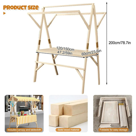 Collapsible Wooden Vendor Cart With Canopy dimensions 200cm height 120/150cm width 60cm depth built from solid wood material.