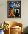 Framed cat diamond painting kit for adults 5D full drill starry night diamond art set, 12x16 inch, on living room wall.