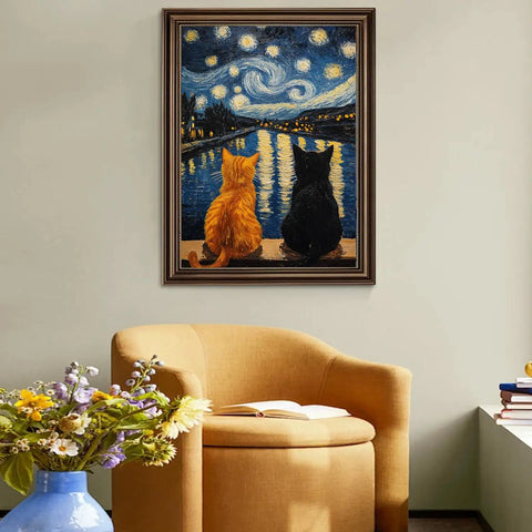 Framed cat diamond painting kit for adults 5D full drill starry night diamond art set, 12x16 inch, on living room wall.