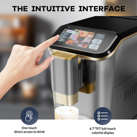 Super Automatic Espresso Machine With 20 Bar Pressure Pump And Built In Burr Grinder For Smooth Daily Grinds Featuring touch display and drink selector.