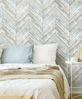 Herringbone Blue And Tan Wood Boards Peel And Stick Wallpaper Roll Twenty Point Five Inches Wide By Sixteen Point Five Feet Long seen in bedroom