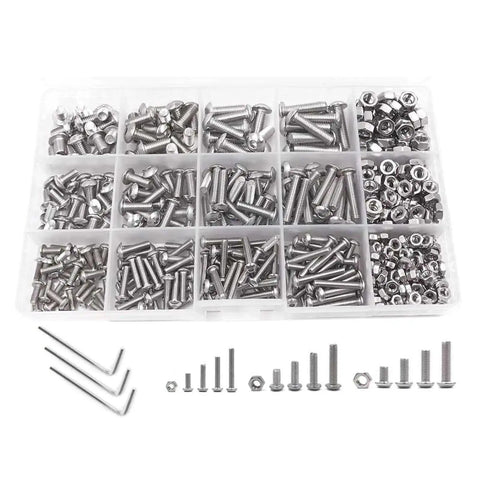 Solid 500pc Hex Socket Screw Nut Bolt Set In Black, 4mm Hardware Kit with assorted stainless steel fasteners and tools.