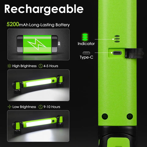 Magnetic Underhood LED Work Light 2500LM, Rechargeable 5200mAh battery, USB-C charging, brightness settings displayed