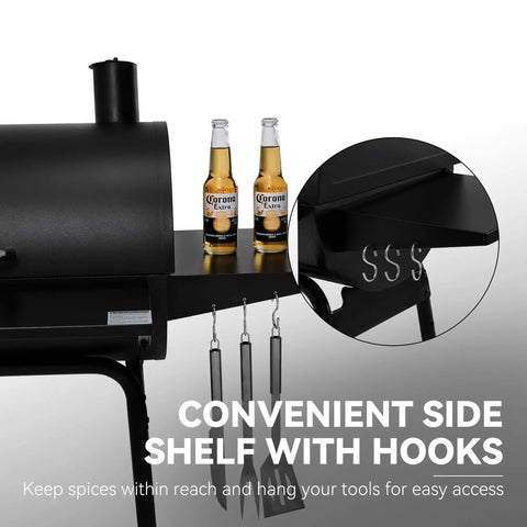 Close-up of Smokin Hot Charcoal Grill With Offset Smoker showing side shelf with hooks and two bottles on top.