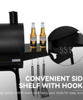 CC1830SC Charcoal Offset Grill Smoker With Cover, side shelf with hooks and spice rack visible