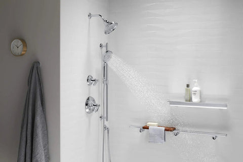 Bancroft Multifunction Handheld Showerhead With Three Spray Settings And Silk Spray, 1.75 GPM, mounted on slidebar in shower