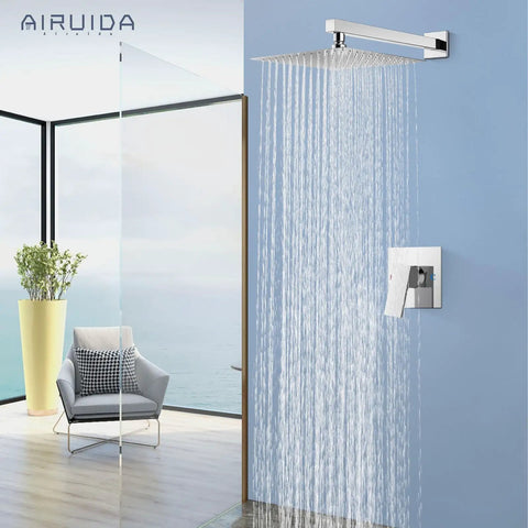 Rainfall Shower System With 10 Inch Wall Mount Head, Single Lever Mixer, SUS304 Stainless Steel, Chrome Polish in modern bathroom