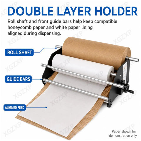 Manual Honeycomb Paper Dispenser Featuring A Smooth Crank Handle For Hassle Free Kraft Cushion Wrap And Compact Tabletop Packing Station To Keep Fragile Goods Totally Secure with double layer holder.