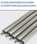 Heavy Duty Stainless Steel Conveyor Rollers Five Pack Non Powered Idler Tubes arranged in a row, showing smooth surfaces and iron axles.