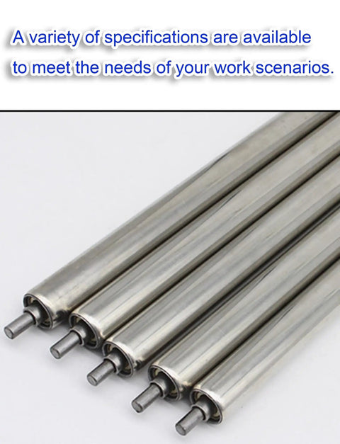 Heavy Duty Stainless Steel Conveyor Rollers Five Pack Non Powered Idler Tubes arranged in a row, showing smooth surfaces and iron axles.