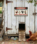 Rustic coop with 'Warning Highly Trained Chickens Tin Sign For Chicken Coops And Farm Decor Funny Backyard Fence Sign Gag Gift'