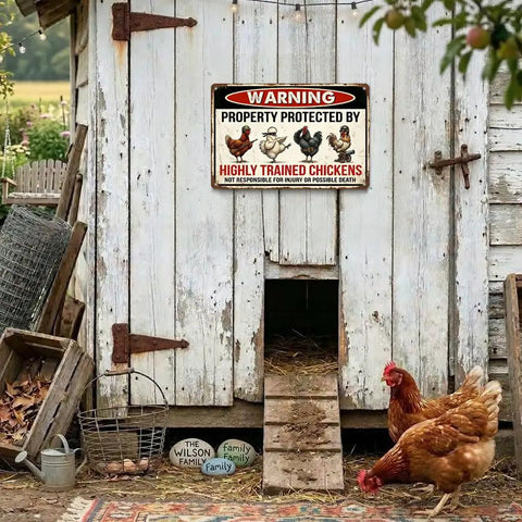 Rustic coop with 'Warning Highly Trained Chickens Tin Sign For Chicken Coops And Farm Decor Funny Backyard Fence Sign Gag Gift'