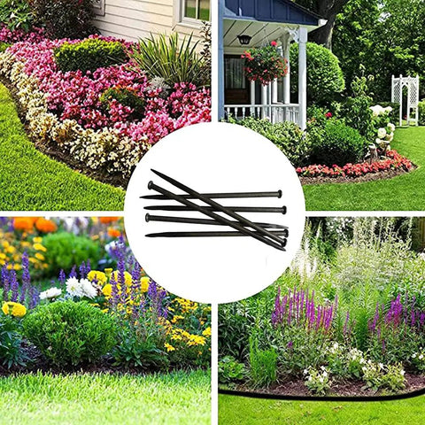 Image of Heavy Duty 50 Pack 10 Inch Landscape Anchoring Spikes for pavers and weed barriers in colorful garden scenes.