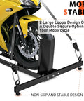Heavy Duty Upright Motorcycle Wheel Chock Stand Keeps Your Bike Standing Solid In Garage Trailer Or Truck Fits 15 To 22 Inch Wheels And Supports Up To 1800 Pounds for Easy Loading And Safe Transport shown with yellow motorcycle secured at front wheel with large loops.