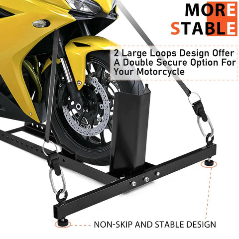 Heavy Duty Upright Motorcycle Wheel Chock Stand Keeps Your Bike Standing Solid In Garage Trailer Or Truck Fits 15 To 22 Inch Wheels And Supports Up To 1800 Pounds for Easy Loading And Safe Transport shown with yellow motorcycle secured at front wheel with large loops.