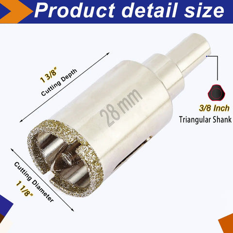 Heavy Duty Top Notch 1 1/8 Inch Diamond Hole Saw Drill Bit With Precision Pilot Tip showing size and cutting specifications.