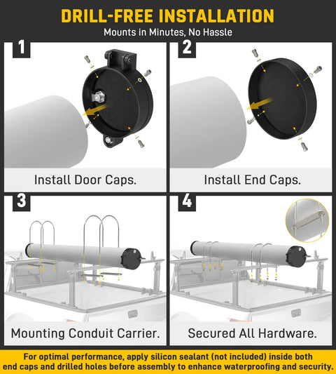 4-step installation of 6-Inch PVC Conduit Carrier Kit With Aluminum End Caps, Locking Latch, Weather-Resistant Gasket, No Drilling
