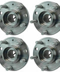Four Piece Wheel Hub And Bearing Kit Assembly For Front And Rear Left And Right Wheels With Beefed Up Ball Bearings Easy Install Durable Fitment For Cars Trucks SUVs, showing metal hubs with bearings on a white background.
