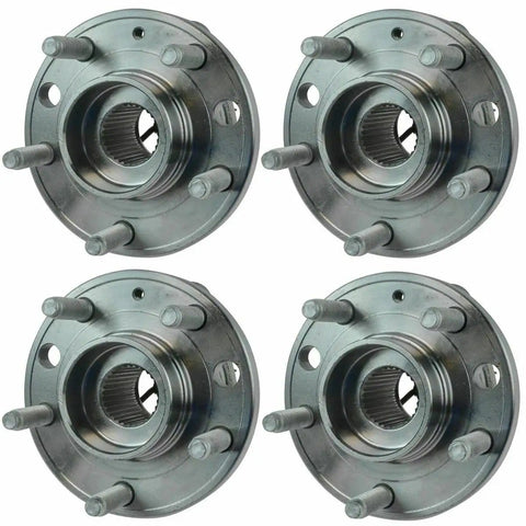 Four Piece Wheel Hub And Bearing Kit Assembly For Front And Rear Left And Right Wheels With Beefed Up Ball Bearings Easy Install Durable Fitment For Cars Trucks SUVs, showing metal hubs with bearings on a white background.