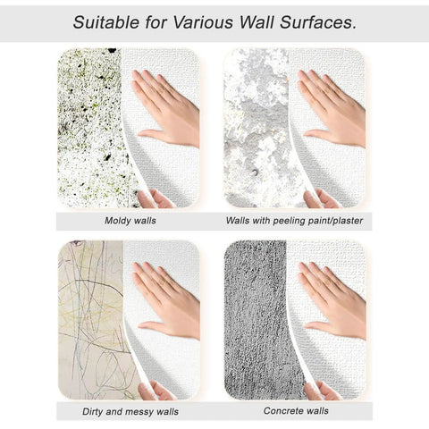 Rock Solid Soundproof Peel And Stick Wall Panels With Linen Textured XPE Foam shown on various wall surfaces including moldy and concrete.
