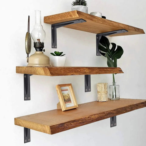 Heavy Duty L Brackets For Countertops 16x10x2 In Solid 5mm Thick Shelf Brackets With Hardware Included Matte Black 2 Pack Built For Beefy Loads And Everyday Use, supporting wooden floating shelves with decor in a room.