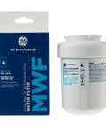 Packaging and product of MWF Refrigerator Water Filter Replacement Easy Install Premium Filtration That Reduces Lead, Sulfur, Chlorine.