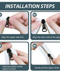 Installation steps for Universal Zipper Repair Kit With Metal Sliders In Small Medium And Large Sizes, 18 Piece Set With Six Pulls Each.