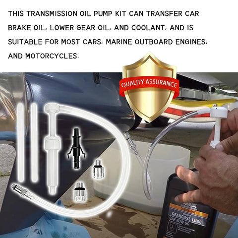 No Fuss Fluid Transfer Pump For Lower Unit Gear And Transmission With Swivel Adapters And Flexible Hose With Premium Aluminum Fittings That Fits Standard Quart Bottles Smooth Operator Build showing components and setup for oil transfer.