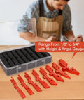 Pro Grade 8 Piece Router Setup Kit with aluminum positioning bars, angle blocks, and storage case on table for precision settings