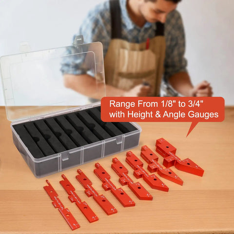 Pro Grade 8 Piece Router Setup Kit with aluminum positioning bars, angle blocks, and storage case on table for precision settings