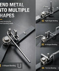 Built Like A Tank Manual Rebar Bender And Mini Pipe Tool Heavy Carbon Steel showing U, L, W, and flat iron bending capabilities.