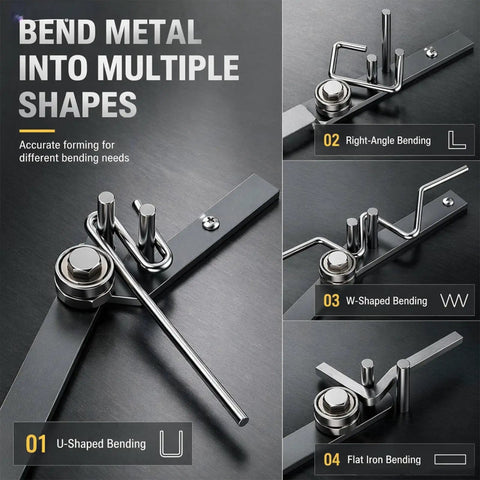 Built Like A Tank Manual Rebar Bender And Mini Pipe Tool Heavy Carbon Steel showing U, L, W, and flat iron bending capabilities.